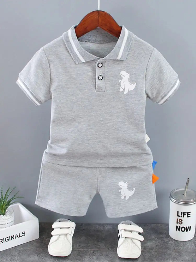 Infant Baby Boy Sets Summer Clothing Casual Sport Suit POLO Shirt + Shorts 2Pcs Set Boys Kids Grey Dinosaur Print Tracksuit