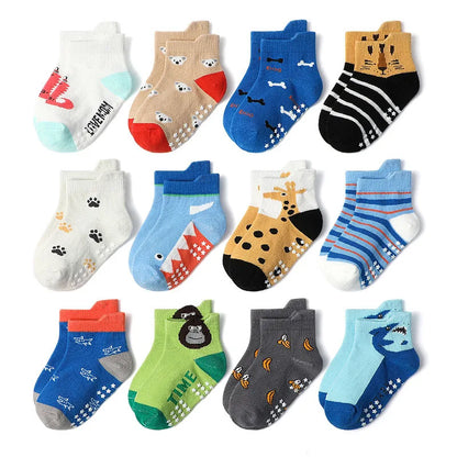 6 Pairs Kids Socks Cartoon Animal Pattern Cotton Non-Slip Floor Socks for Boys Toddler All-Season