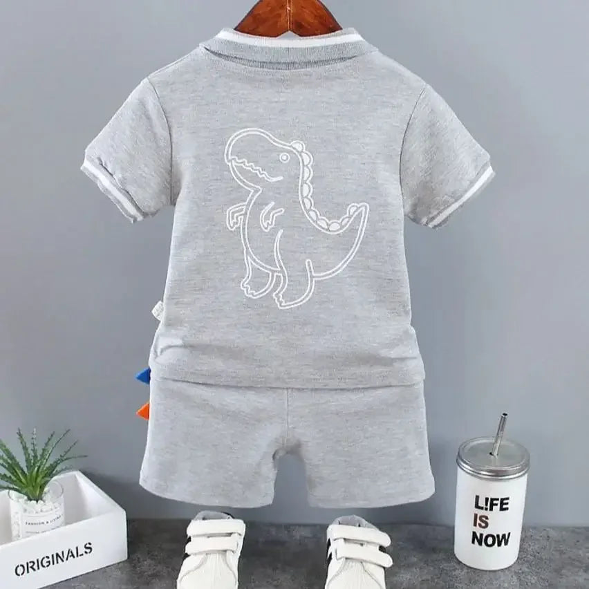 Infant Baby Boy Sets Summer Clothing Casual Sport Suit POLO Shirt + Shorts 2Pcs Set Boys Kids Grey Dinosaur Print Tracksuit