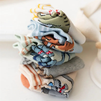 5 Pairs Boy's Dinosaur Pattern Socks Comfortable Breathable Casual Soft Kids Socks