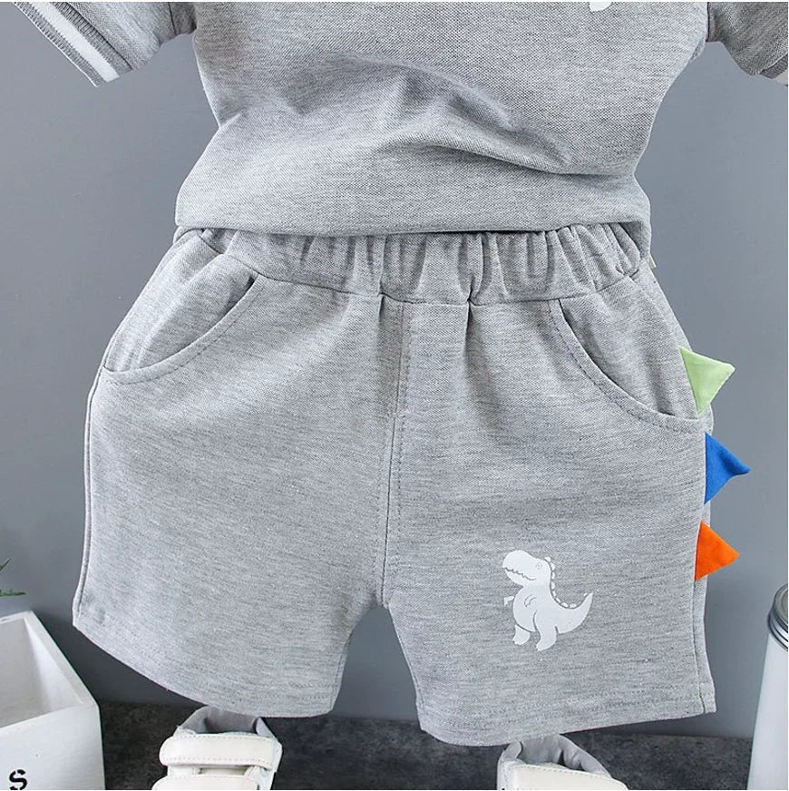 Infant Baby Boy Sets Summer Clothing Casual Sport Suit POLO Shirt + Shorts 2Pcs Set Boys Kids Grey Dinosaur Print Tracksuit