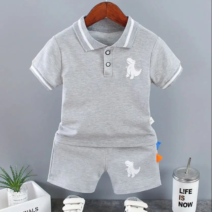 Infant Baby Boy Sets Summer Clothing Casual Sport Suit POLO Shirt + Shorts 2Pcs Set Boys Kids Grey Dinosaur Print Tracksuit