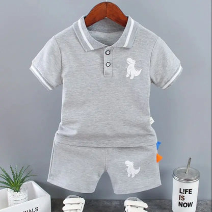 Infant Baby Boy Sets Summer Clothing Casual Sport Suit POLO Shirt + Shorts 2Pcs Set Boys Kids Grey Dinosaur Print Tracksuit
